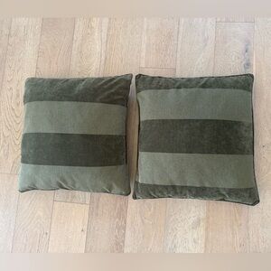 Pair of Large Olive Green Striped Velvet Throw Pillows - Earthy Modern Decor